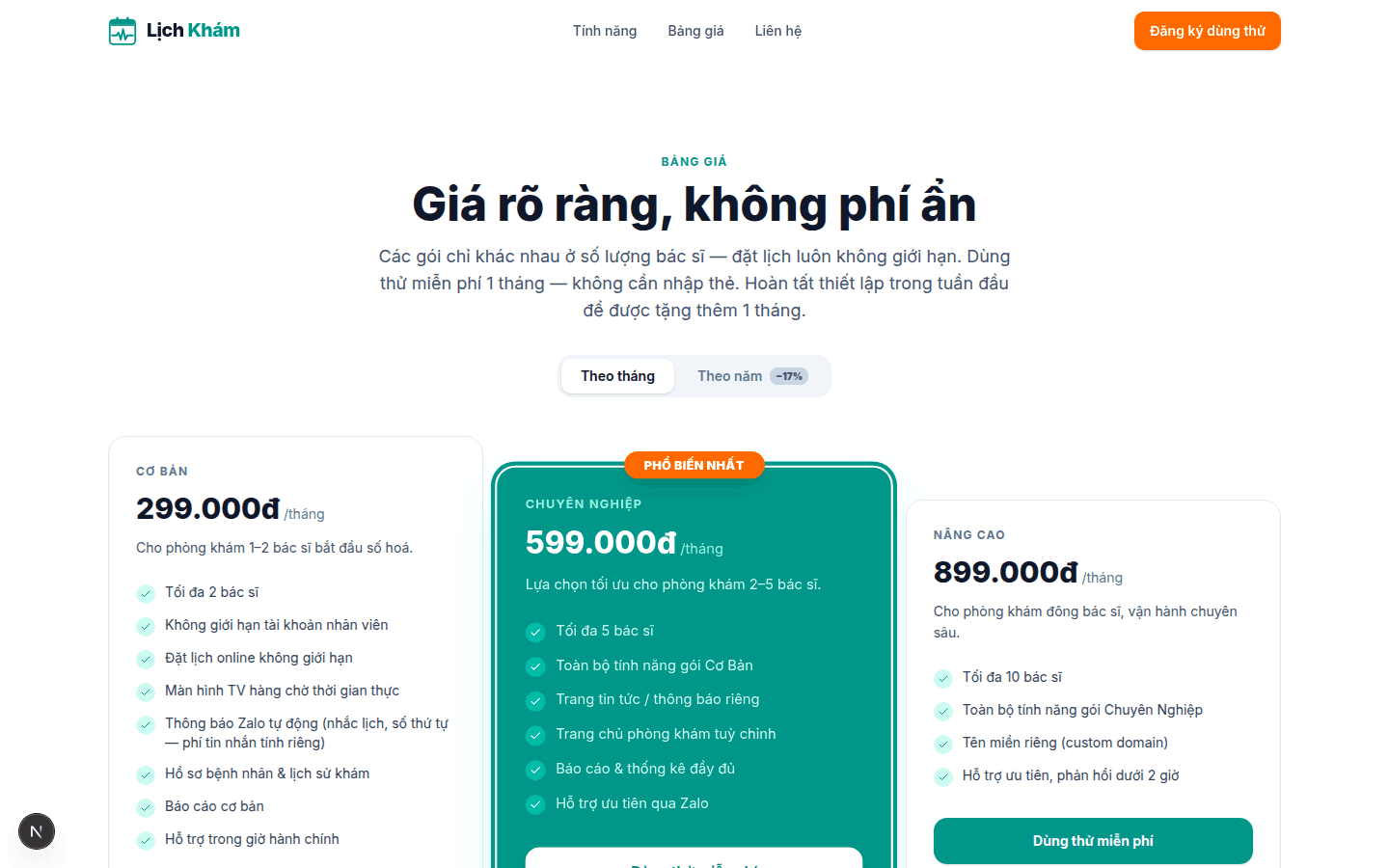 Ảnh chụp màn hình trang Bảng giá