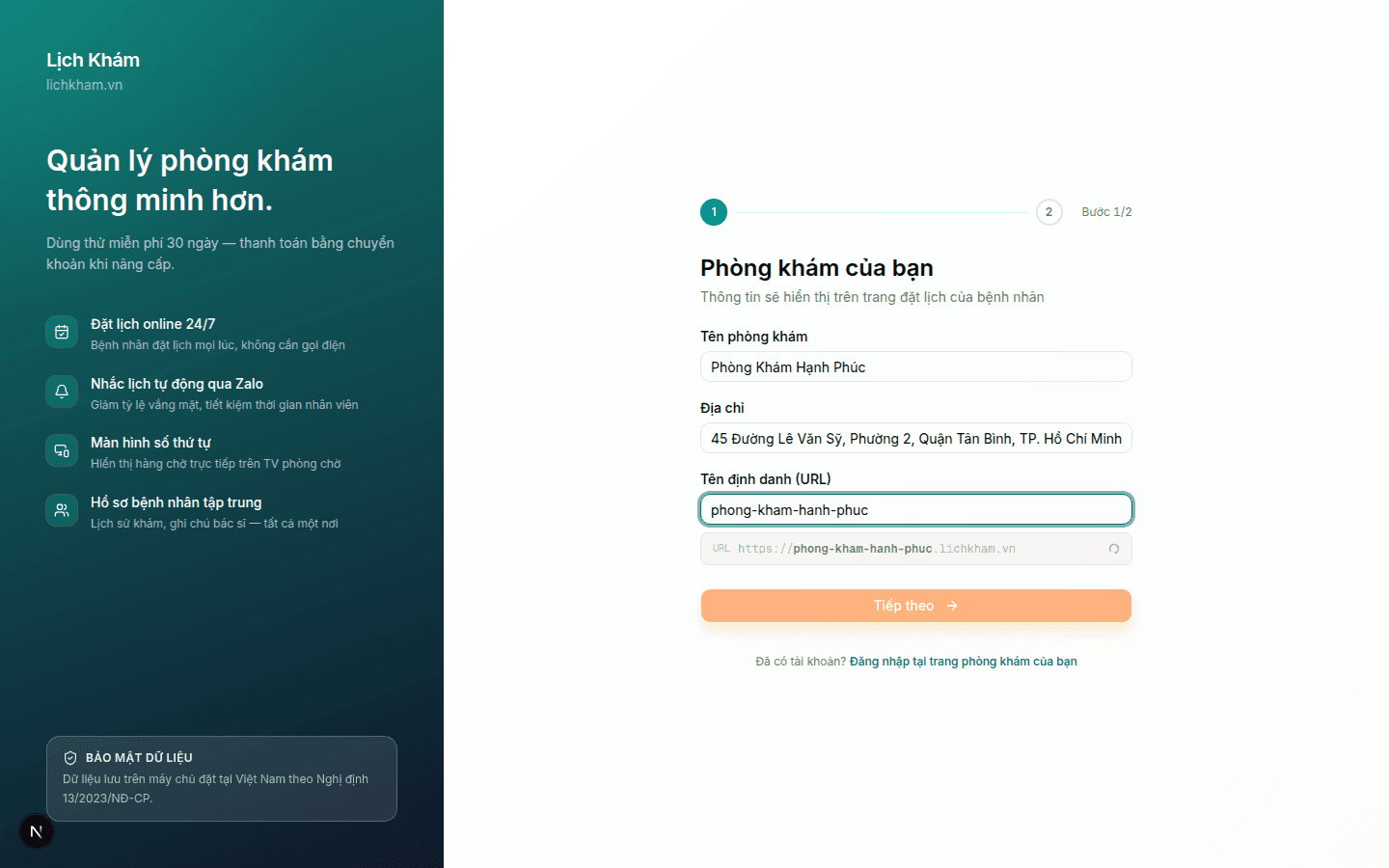 Ảnh chụp màn hình bước 1 — thông tin phòng khám